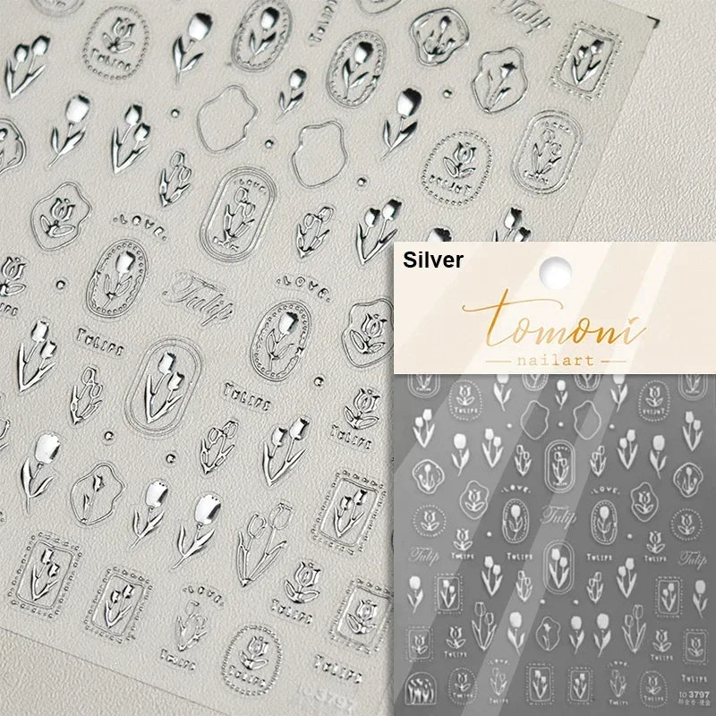 Retro Rose Gold Photo Frame Dried Flower Delicate Totem 3D Self Adhesive Nail Art Stickers 5D Shiny Rhinestone Manicure Decals (ONLINE ORDER ONLY)