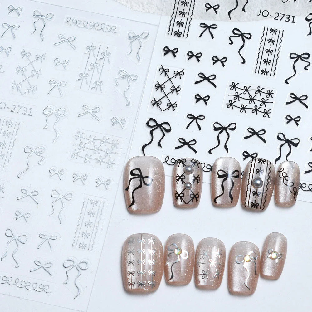 Gold Silver White Black Pink Blue Bowknot Ribbon Flat 3D Line Gird Strap Tie Elegant Charming Nail Art Stickers Manicure Decals (ONLINE ORDER ONLY)
