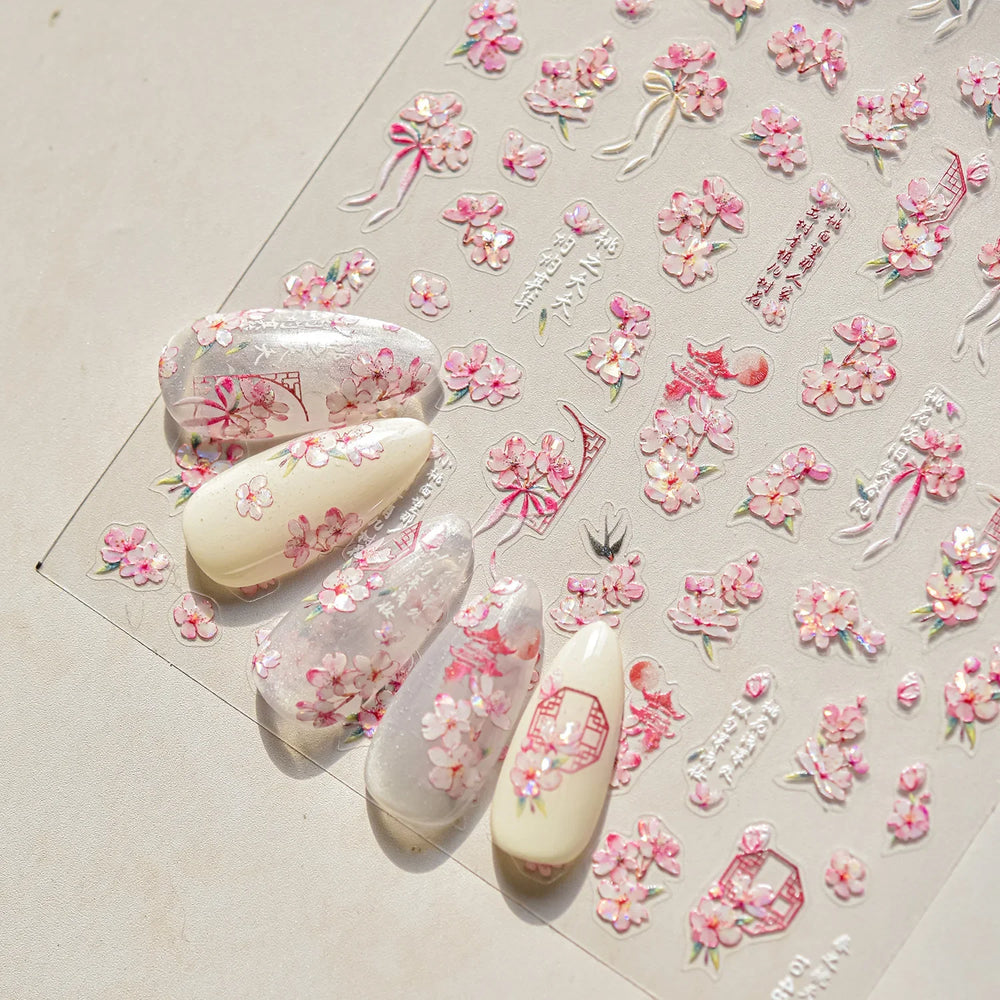 Antique Pear Blossom Peach Blossom Flower Swallow Pattern Adhesive Nail Art Stickers Spring Vibrant and Lively Manicure Decals (ONLINE ORDER ONLY)