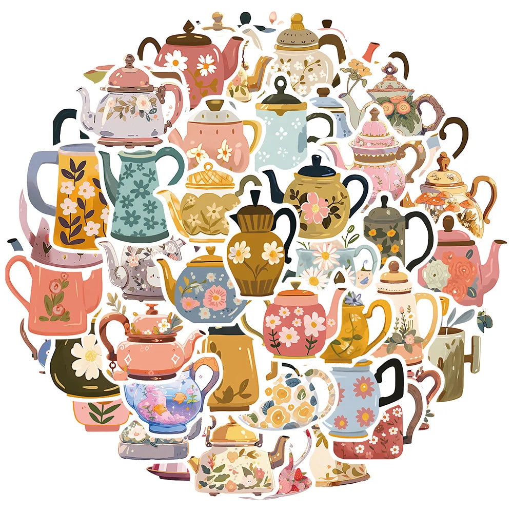 Cartoon Flower Teapot Stickers for Suitcase, Skateboard, Laptop, Luggage, Phone - 10/30/50Pcs (Online Order Only)
