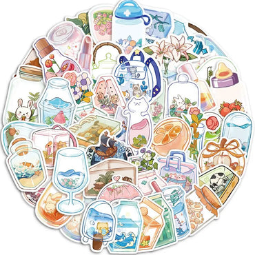 10/50pcs Ins Style Summer Drink Bottle World Cartoon Stickers Aesthetic Decals for Laptop Bicycle Skateboard Luggage Kids Toy (ONLINE ORDER ONLY)