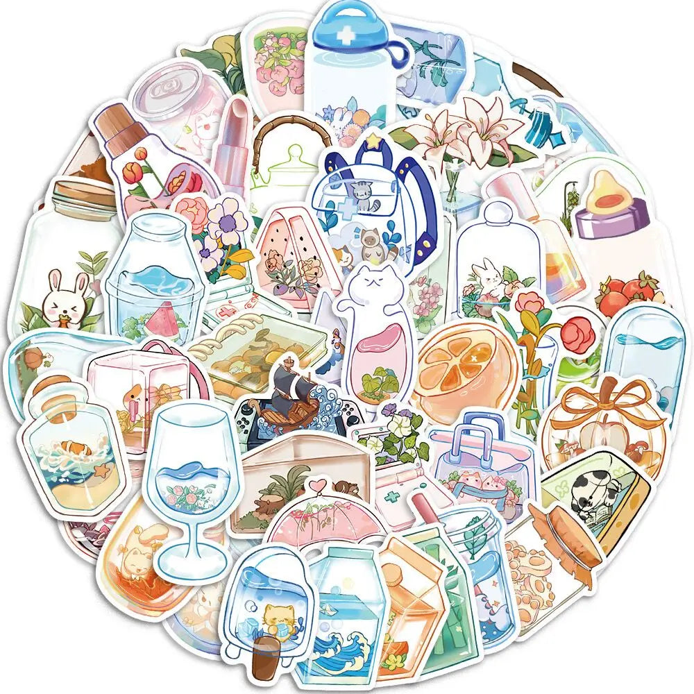 10/50pcs Ins Style Summer Drink Bottle World Cartoon Stickers Aesthetic Decals for Laptop Bicycle Skateboard Luggage Kids Toy (ONLINE ORDER ONLY)