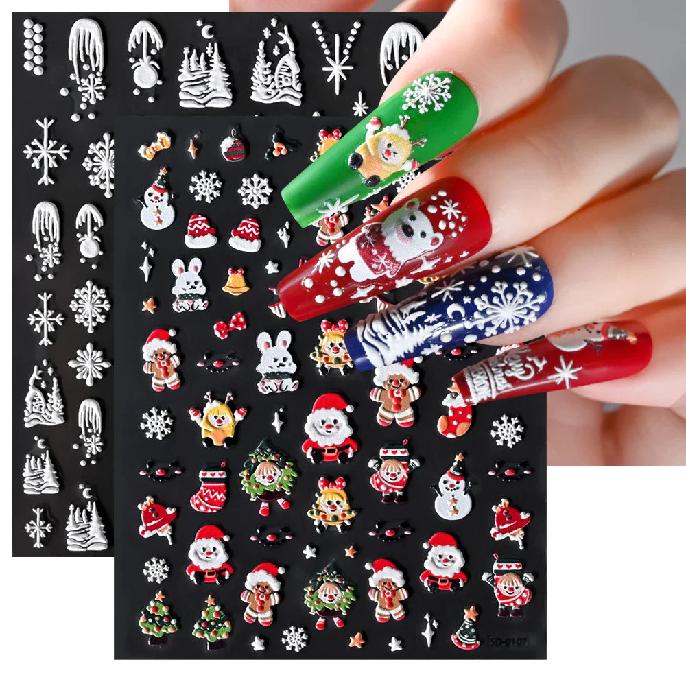 5D Embossed Gingerbread Man Nail Art Sticker Cute Christmas Winter Santa Claus Snowflake Elk Engraved Slider Manicure Decoration (ONLINE ORDER ONLY)
