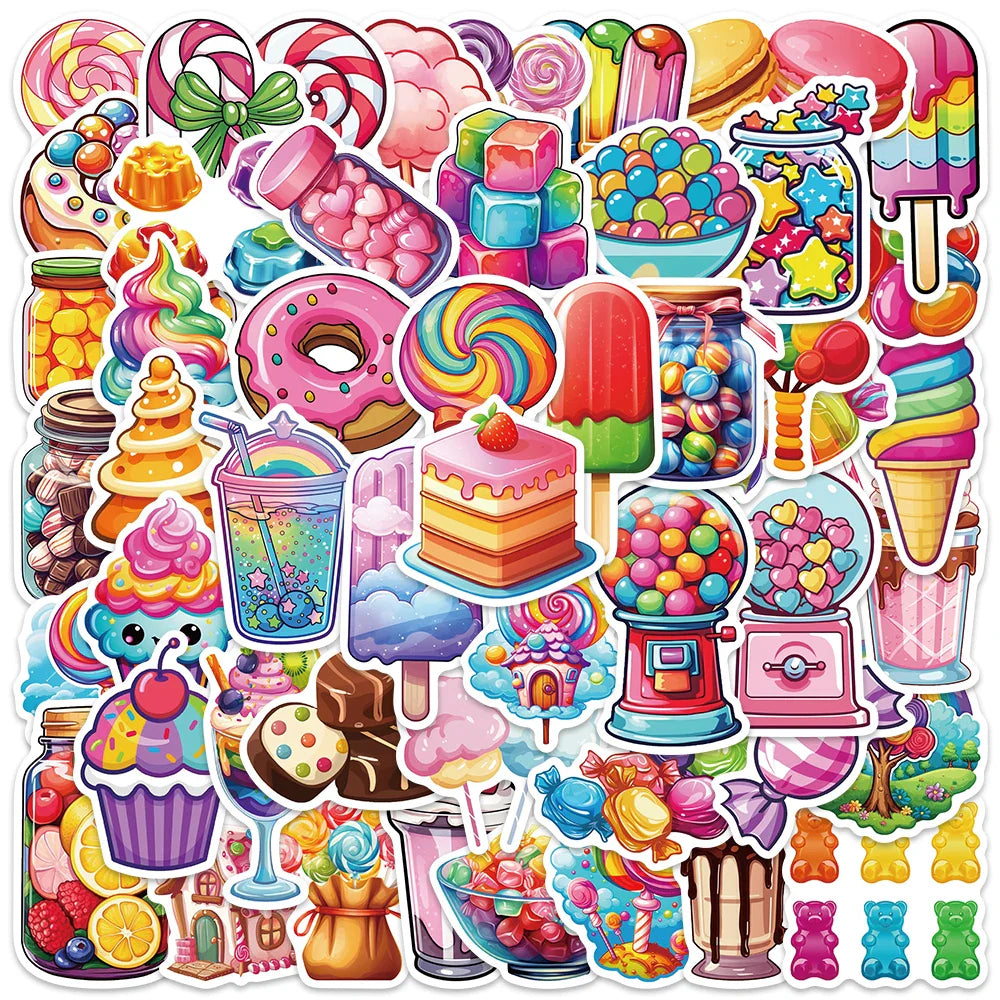 50pcs Cute Cartoon Candy Lollipop Dessert Stickers Kids Toy Luggage Laptop Guitar Skateboard Waterproof Vinyl Bicycle Decals (Online Order Only)