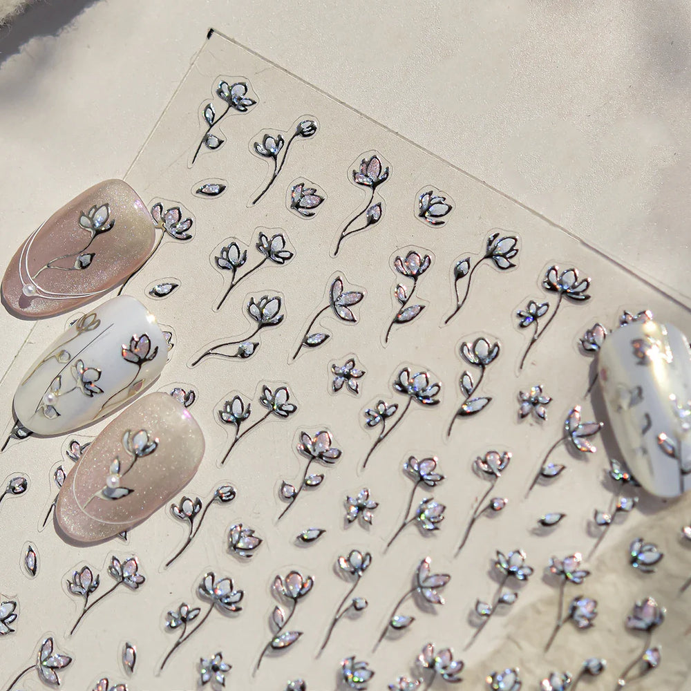 Mini Three Leaf Flower Magnolia Lotus Flower Stem Gradual Petal Line Arc Metal Sillver Delicate Nail Art Stickers Manicure Decal (Online Order Only)