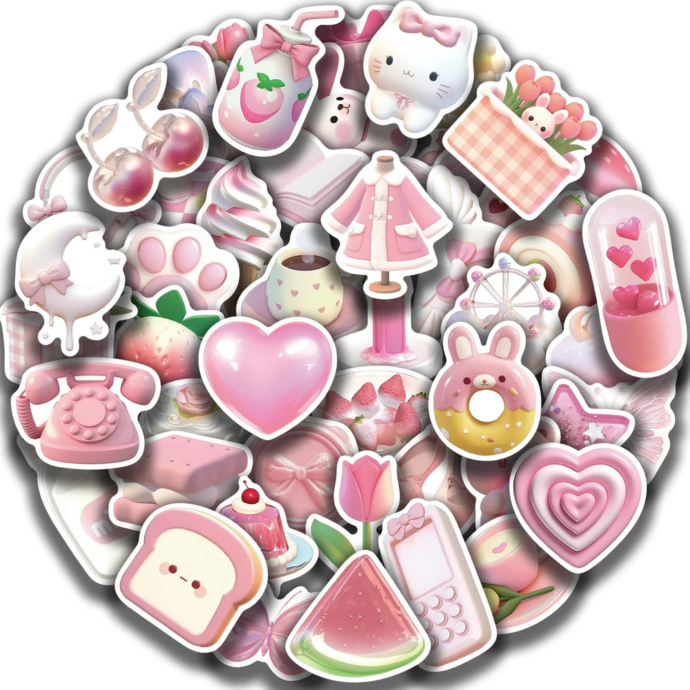50PCS Kawaii Pink Love PVC Sticker Aesthetic Korean Stationery Decoration Scrapbooking School Supplies for Kids (ONLINE ORDER ONLY)