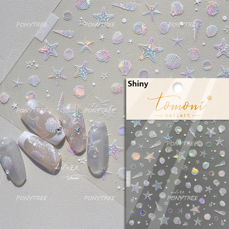 Mermaid Girl Conch Starfish Shell Bowknot Fish Scale Purple Ribbon Water Bubbles Chic Adhesive Nail Art Sticker Manicure Decals (ONLINE ORDER ONLY)