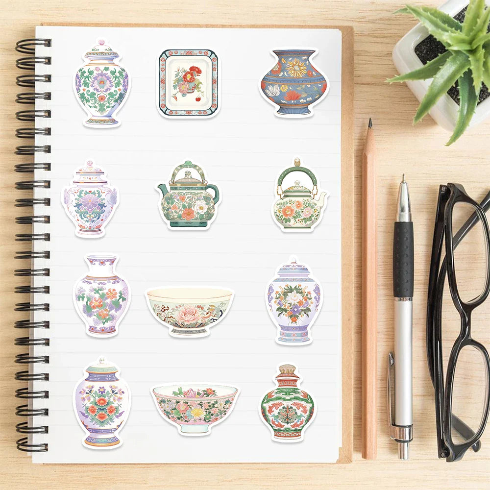 52Pcs Retro Chinese Style Porcelain Design Stickers Self Adhesive DIY Skateboard Guitar Laptop Phone Decals StickerToys (ONLINE ORDER ONLY)