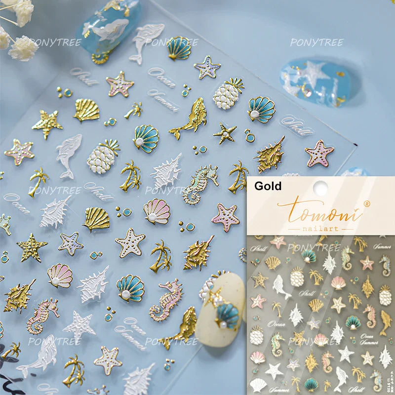 Hot Stamping Seahorse Dolphin Shell Conch Starfish Coconut Tree Jackfruit Water Bubbles Ocean Nail Art Stickers Manicure Decals (ONLINE ORDER ONLY)