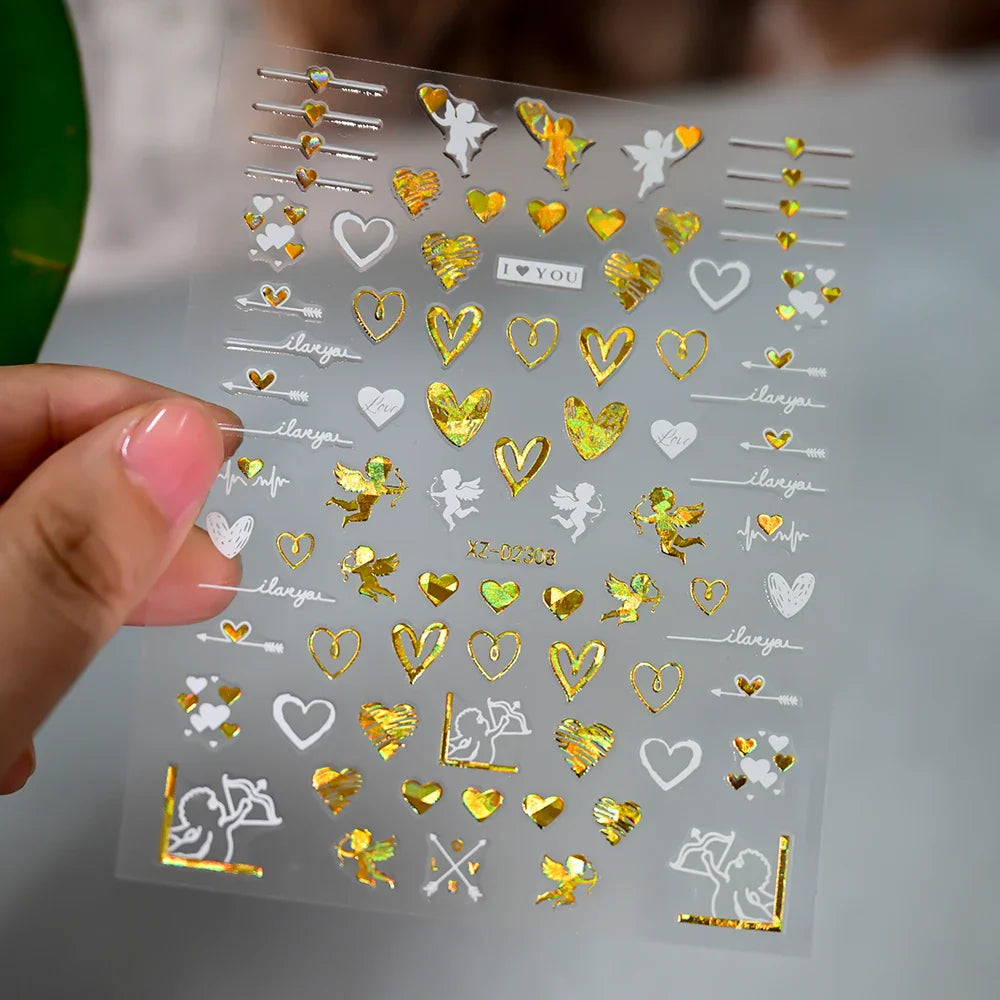 1PC Holographic Laser Heart Nail Stickers-3D Self-Adhesive Golden White Valentines Day Nail Decals For Women Nail Art Decoration (ONLINE ORDER ONLY)
