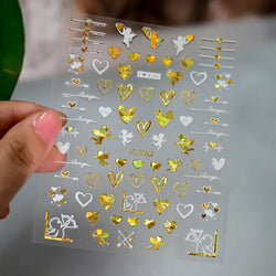 1PC Holographic Laser Heart Nail Stickers-3D Self-Adhesive Golden White Valentines Day Nail Decals For Women Nail Art Decoration (ONLINE ORDER ONLY)