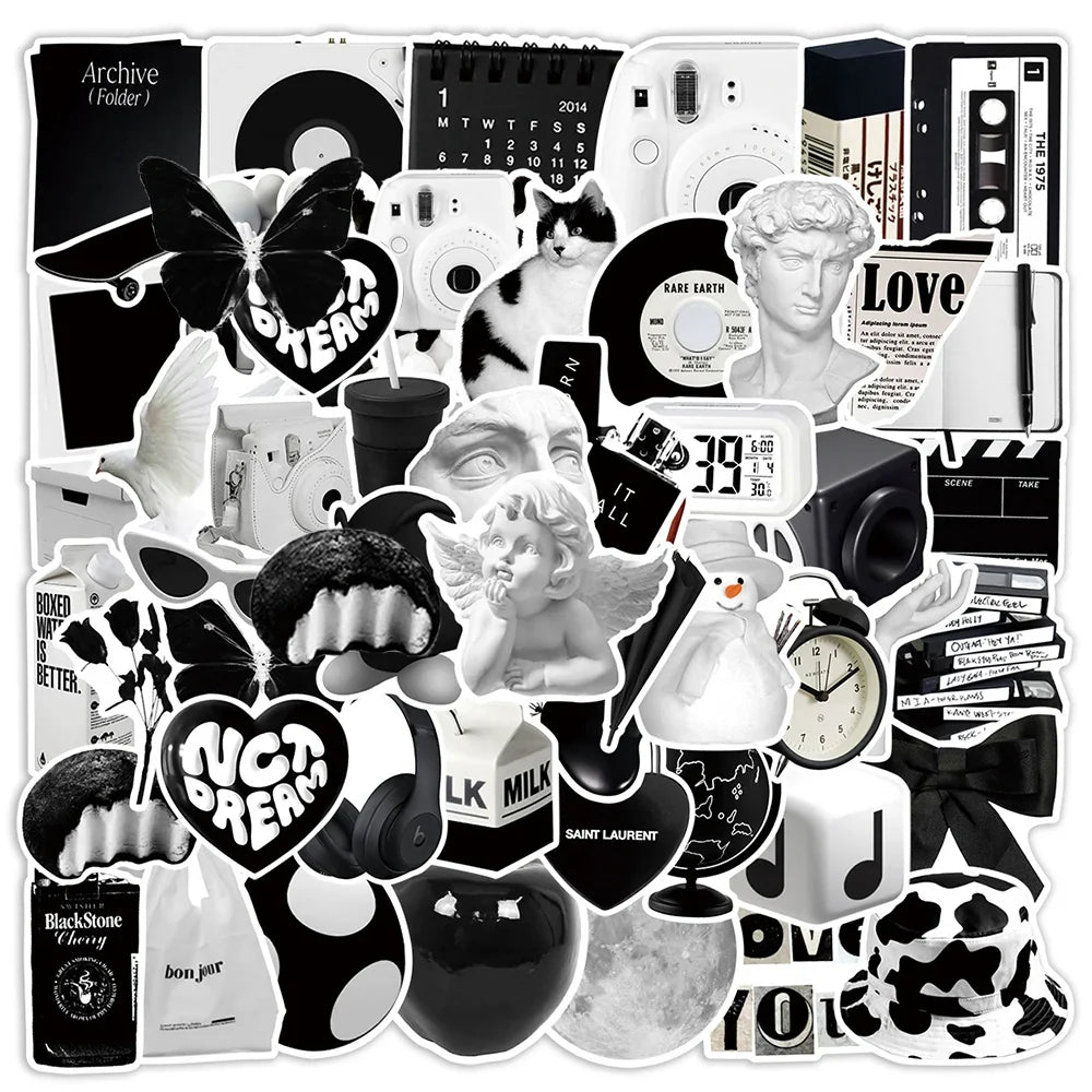 10/30/50PCS Ins Style Simple Black White Stickers Cute Decals DIY Phone Suitcase Luggage Fridge Helmet Graffiti Cartoon Sticker (ONLINE ORDER ONLY)
