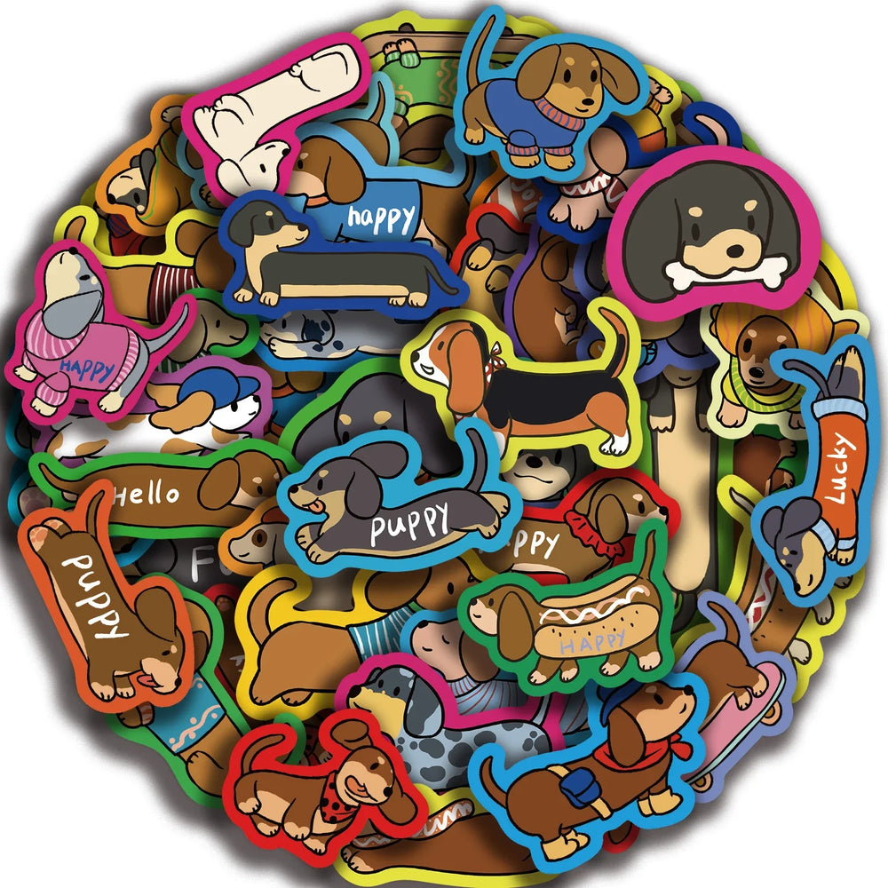 50Pcs Cartoon Dachshund Graffiti Stickers for DIY Desk Guitar Computer Refrigerator Creative Sausage Dog Waterproof Sticker﻿ (ONLINE ORDER ONLY)