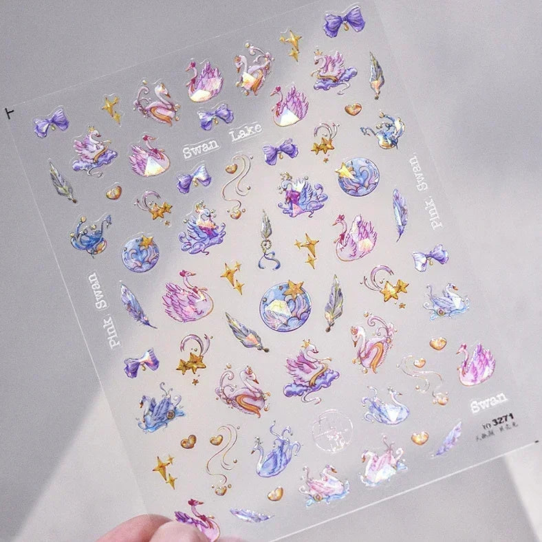 Charming Red Rose Phoenix Flower Wing Leaves Flower Feather Pearl Relief Embossed 5D Adhesive Nail Art Stickers Manicure Decals (ONLINE ORDER ONLY)