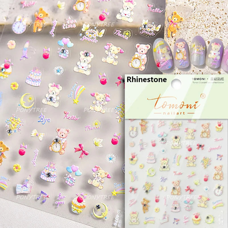 Colourful Cherry Abundant Fruits Bowknot Shiny White Line Outline Self Adhesive Nail Art Stickers Chic Rhinestone Manicure Decal (ONLINE ORDER ONLY)