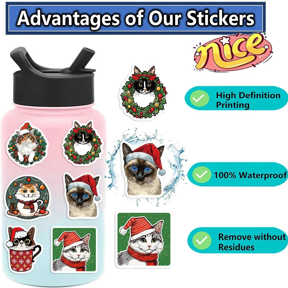 50pcs Cute Christmas Cat Graffiti Stickers Aesthetic DIY Luggage Bike Phone New Year Gift Decoration Sticker Toy (ONLINE ORDER ONLY)