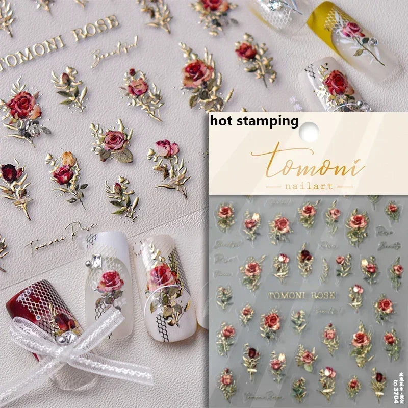 Chic Retro Rose Photo Frame Dried Flower Petal Self Adhesive Nail Art Stickers 5D Hot Stamping Relief Rhinestone Manicure Decals (Online Order Only)