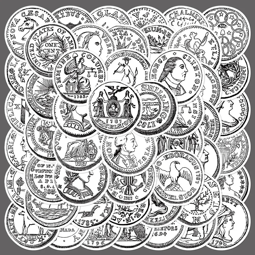 50pcs Retro Coin Graffiti Stickers for Helmet, Desktop, Wall Decoration, DIY (ONLINE ORDER ONLY)