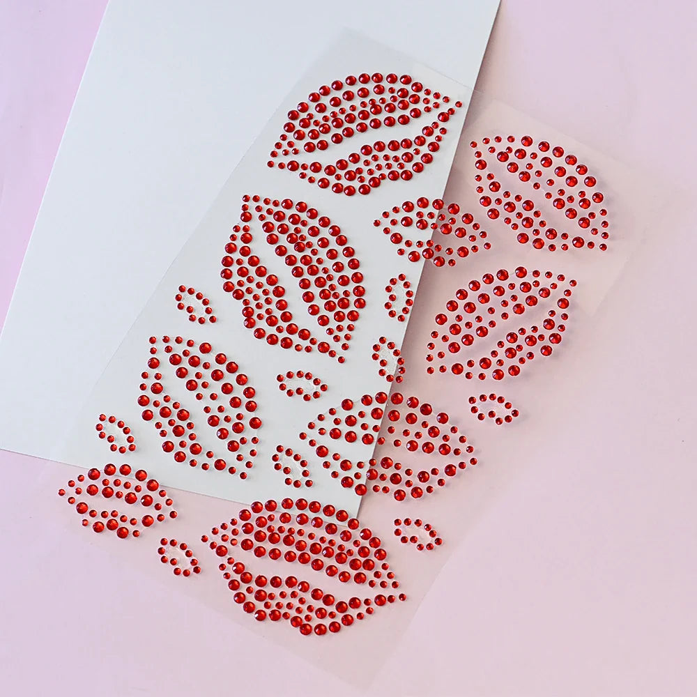 1PC Sexy Red Lips Rhinestone Iron-On Patches Waterproof Body Art Temporary Tattoo for Men Women Long Lasting Neck Funny Couple * (ONLINE ORDER ONLY)