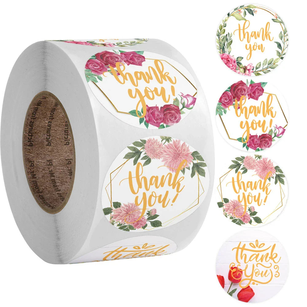 500pcs/roll Thank You Stickers Flower Pattern Party Wedding Decoration Gift Envelope Seal Labels Scrapbooking Stickers (ONLINE ORDER ONLY)