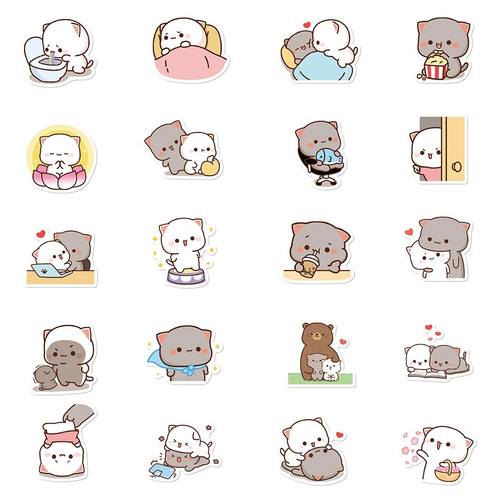 60PCS Kawaii Cat Mood Sticker PVC Graffiti Sticky Aesthetic Decorative Scrapbook DIY Child Phone Stationery Supply for Kid (Online Order Only)