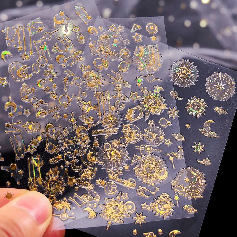 6 Sheets Moon/Star Nail Art Sticker Adhesive Gold Color Sticker Sheets Universal Constellation Shapes Sticker Art Decoration (ONLINE ORDER ONLY)