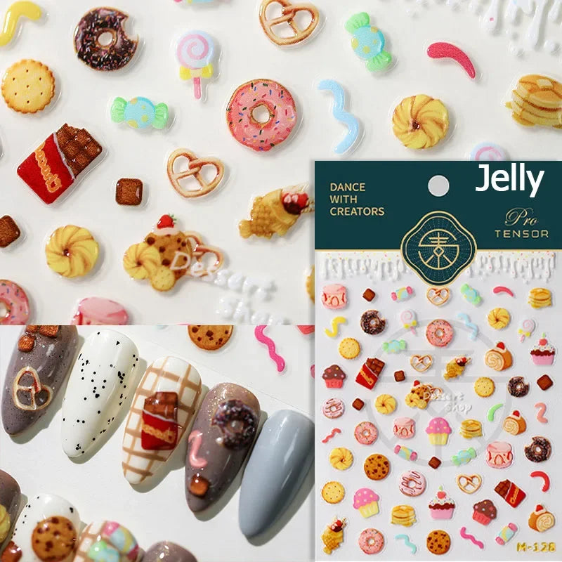 Chic Cute Cheese Ice Cream Pudding Bowknot Strawberry Muffin Stars Cake Embossed Heart Adhesive Nail Art Sticker Manicure Decals (ONLINE ORDER ONLY)