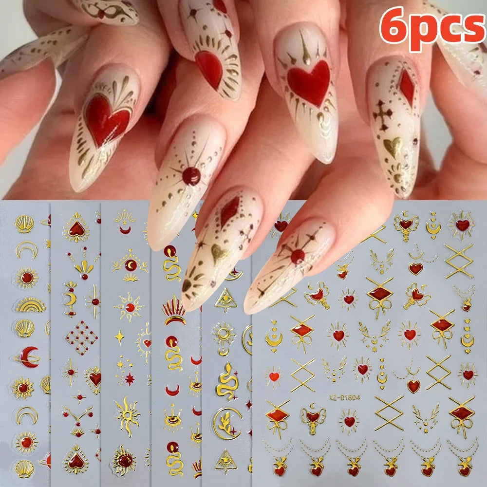 6pcs Mirror Silver Star 3D Nail Sticker Holographic Heart/Moon/Cross Design Self-Adhesive Decal Manicure Art Supplies Decoration (ONLINE ORDER ONLY)