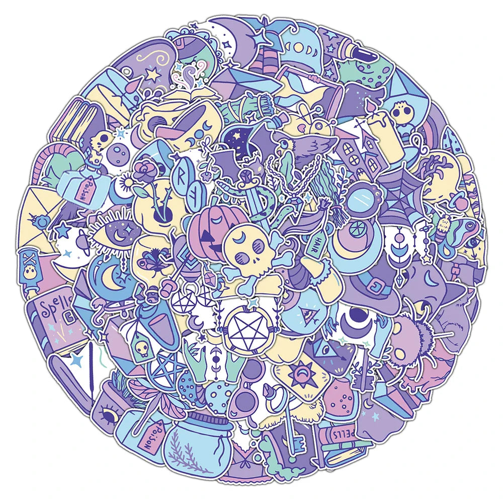 10/30/50/100pcs Cool Purple Cute Gothic Magic Witch Cartoon Stickers Skateboard Laptop Phone Car DIY Waterproof Sticker Decal (ONLINE ORDER ONLY)