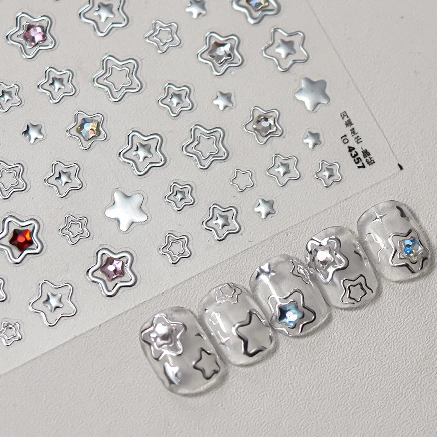 Colored Crystal Star Love Heart Shiny Silver Hollowed Smudging Rainbow Flower Jelly Embossed Nail Art Stickers Manicure Decals (ONLINE ORDER ONLY)