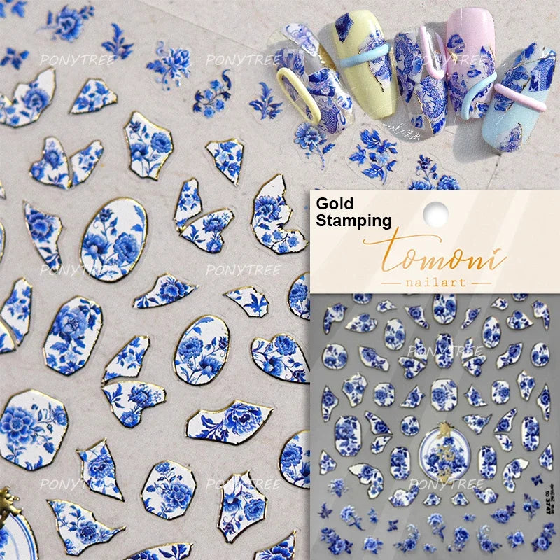 Retro Blue Lotus Flower Arrangement Vase Lantern Totem Pattern Bamboo Leaf Self Adhesive Nail Art Stickers Shiny Manicure Decals (ONLINE ORDER ONLY)
