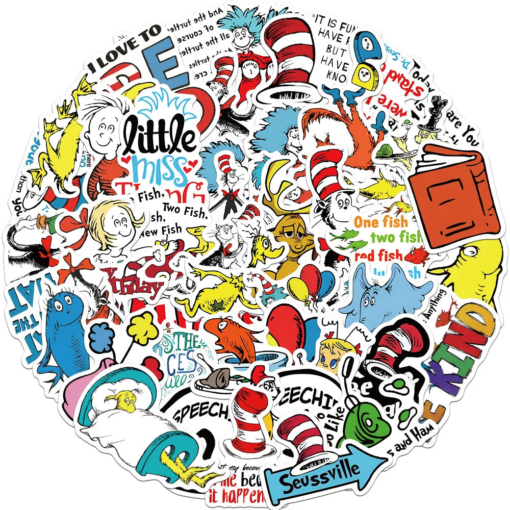 Doctor Seuss Cartoon Stickers for Laptop, Snowboard, Luggage, Car, Fridge, DIY Vinyl (10/30/50 Pcs) (Online Order Only)