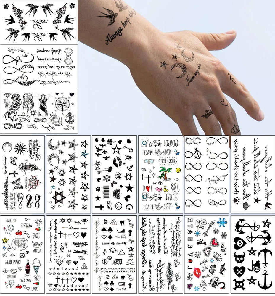 Waterproof Temporary Tattoo Stickers: Letters, Stars, Moon, Anchor, Birds for Body Art (ONLINE ORDER ONLY)