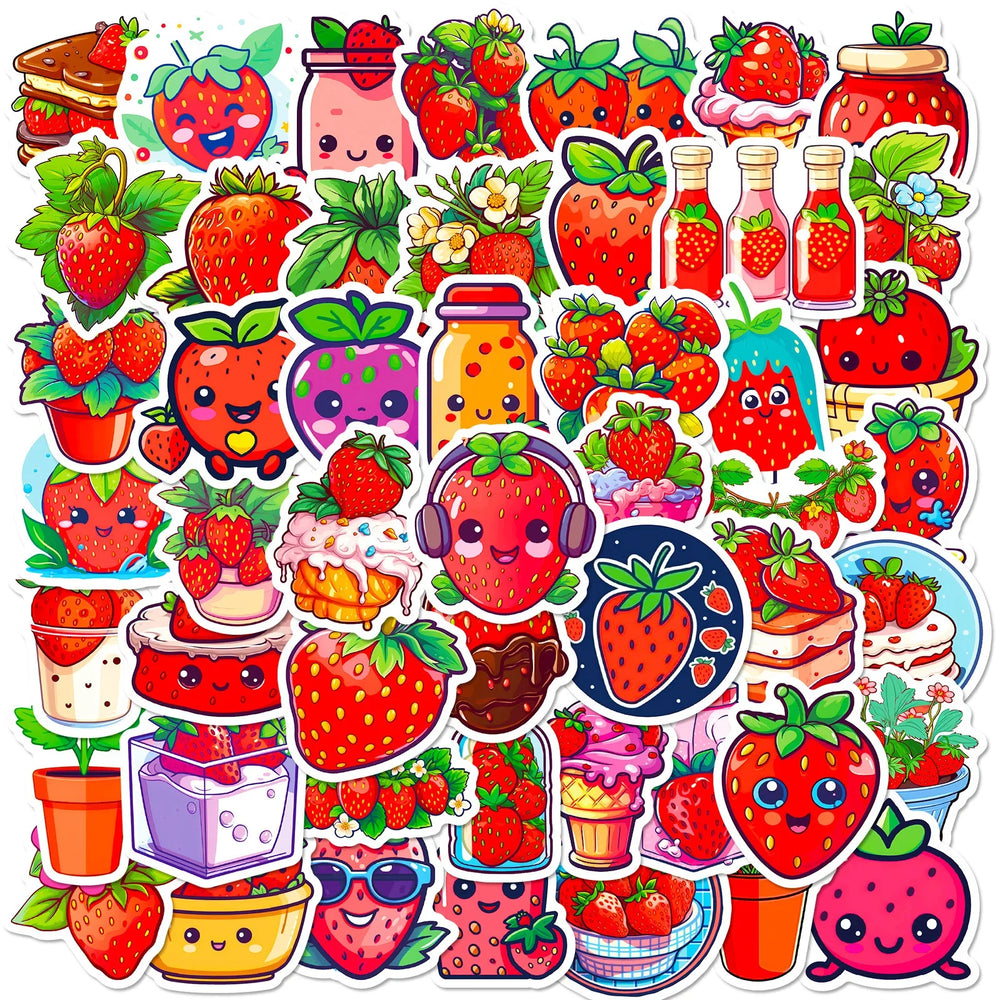 50Pcs Cartoon Strawberry Graffiti Stickers for Helmet, Wall, DIY Decoration (Online Order Only)