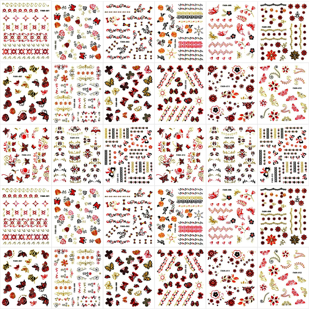 30Pcs/Set Red Golden 3D Nail Art Sticker Hot Stamping Hollow Decals Mixed Designs Adhesive Flower Nail Tips Letter Butterfly Set (Online Order Only)