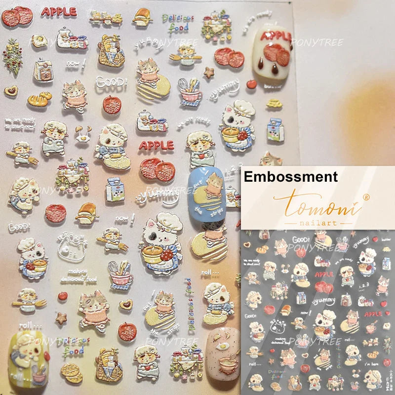 Cute Lovely Red Apple Core Black Kitten Cat's Paw Bread Slices Fruit Star Soft Relief Adhesive Nail Art Sticker Manicure Decals (ONLINE ORDER ONLY)