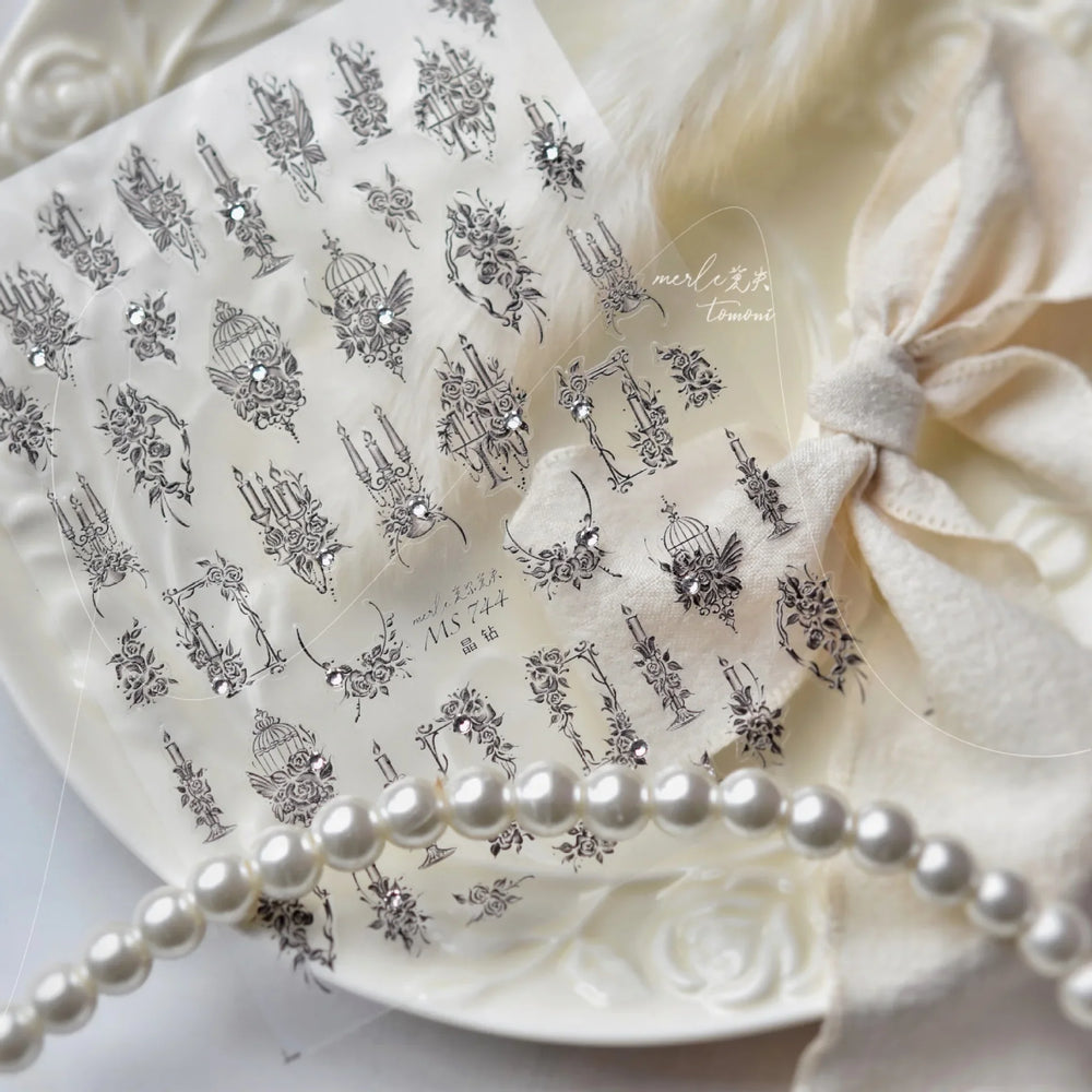 Retro Candlestick Holder Rose Rambler Birdcage Photo Frame Lace Self Adhesive Nail Art Sticker Charm Rhinestone Manicure Decal (Online Order Only)