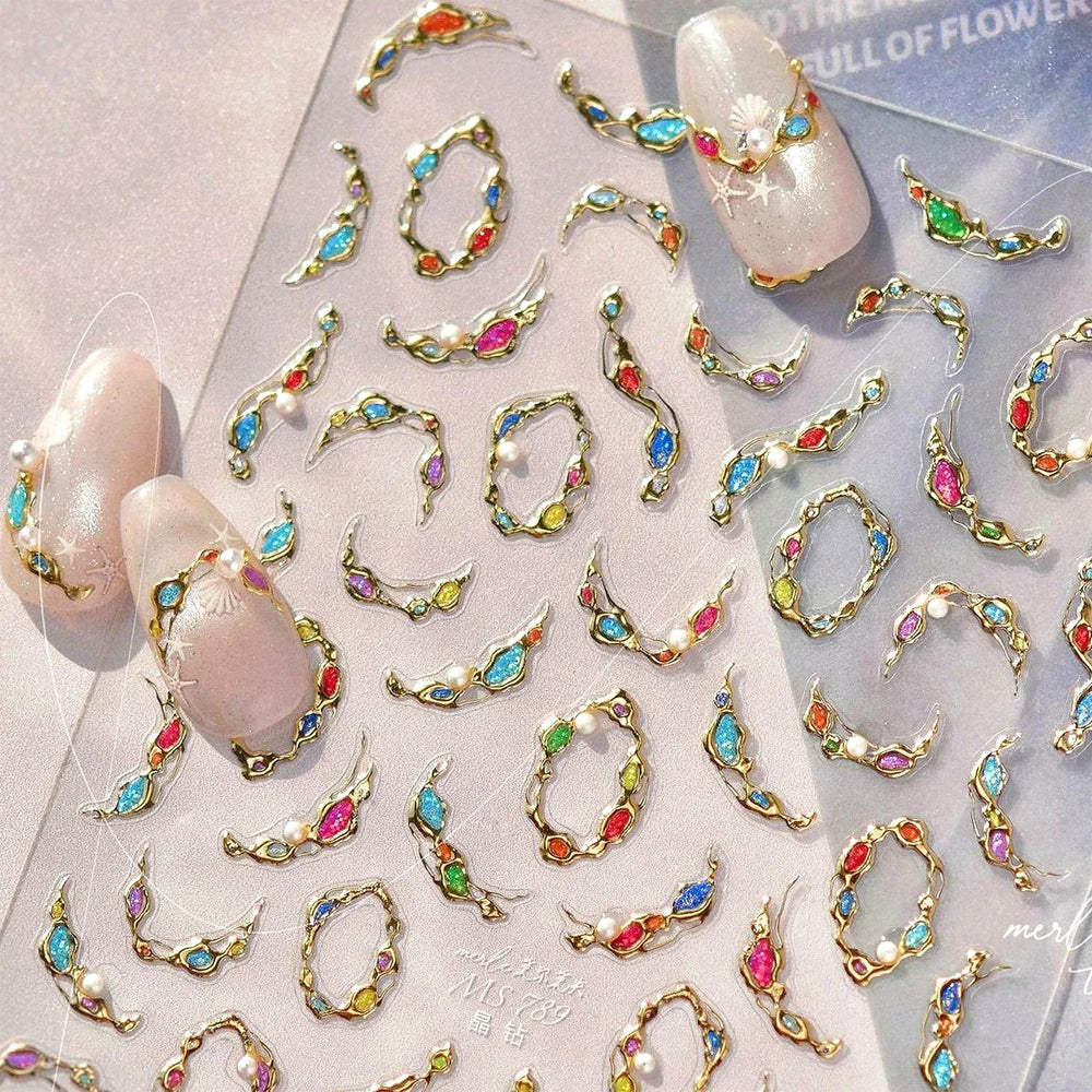French Lines Gemstone Necklace Gilding Light Luxury Pearl Self Adhesive Nail Art Decorations Stickers Manicure Decals Wholesale (ONLINE ORDER ONLY)