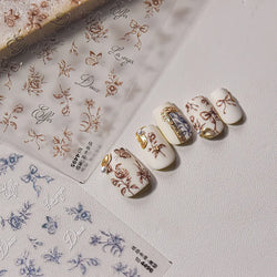 Brown Blue White Hand Drawn Sketch Plants Leaves Bowknot Butterfly Flowers Adhesive Nail Art Decoration Stickers Manicure Decals (Online Order Only)