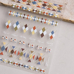 French Style Colorful Square Grid Rhombus Stripe Bowknot Line 3D Self Adhesive Nail Art Stickers Shiny Rhinestone Manicure Decal (Online Order Only)