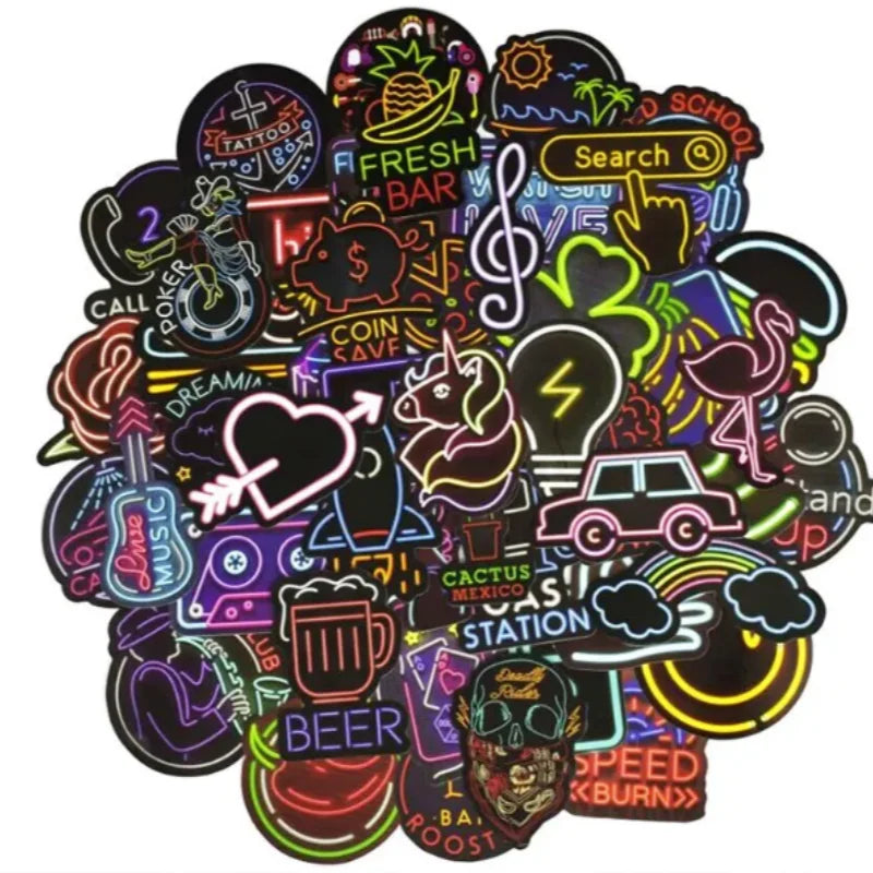 50pcs Waterproof Graffiti Bicycle Stickers Cartoon Laptops Cars Motorcycles Luggage Compartments Neon Light Sticker (Online Order Only)