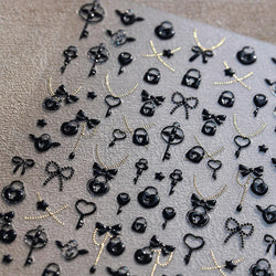 Black Silver Gold Dark Rococo Line Bowknot Wing Key Love Lock Star Tassel Pendant Heart Adhesive Nail Art Sticker Manicure Decal (ONLINE ORDER ONLY)