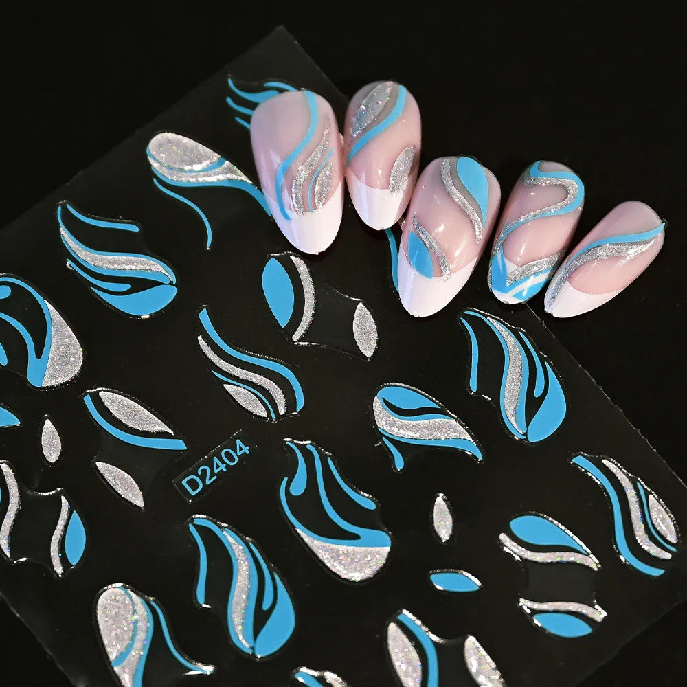6pcs/Set Blue Gold Glitter French Design 5D Nail Stickers Curve Lines Swirls Wave Nail Sliders Reflective Flakes Decals Manicure (ONLINE ORDER ONLY)