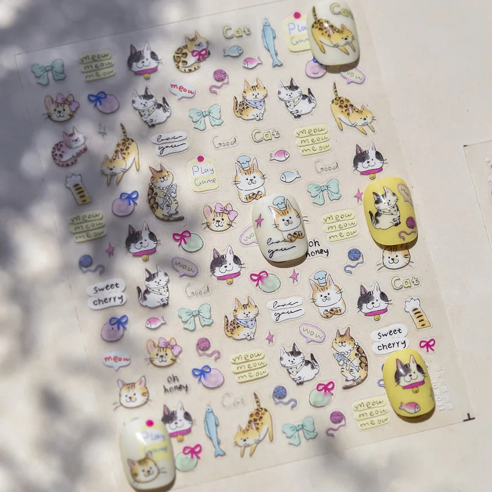 Cute Leopard Cat Ginger Cat Paw Bowknot Knitting Wool Ball Fish Self Adhesive Nail Art Stickers IllusionChic Manicure Decals (ONLINE ORDER ONLY)