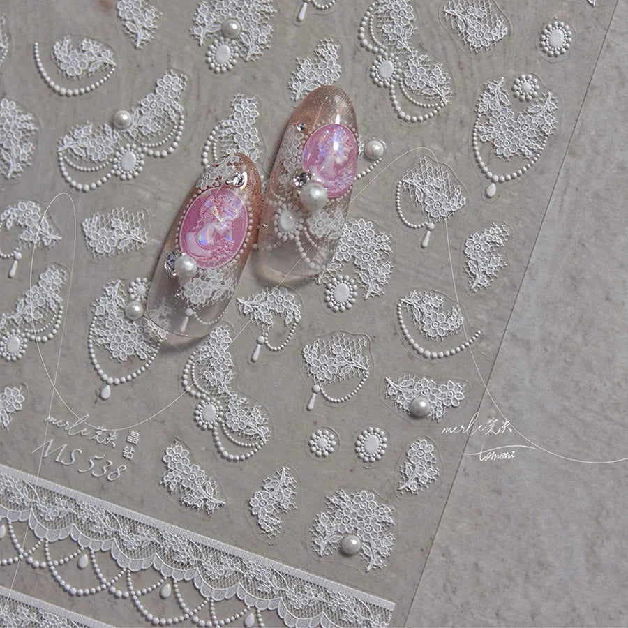 French Romantic Lace Flower Fabric Art Pearl Pendant Portrait Bowknot Textile Printing Delicate Nail Art Stickers Manicure Decal (ONLINE ORDER ONLY)