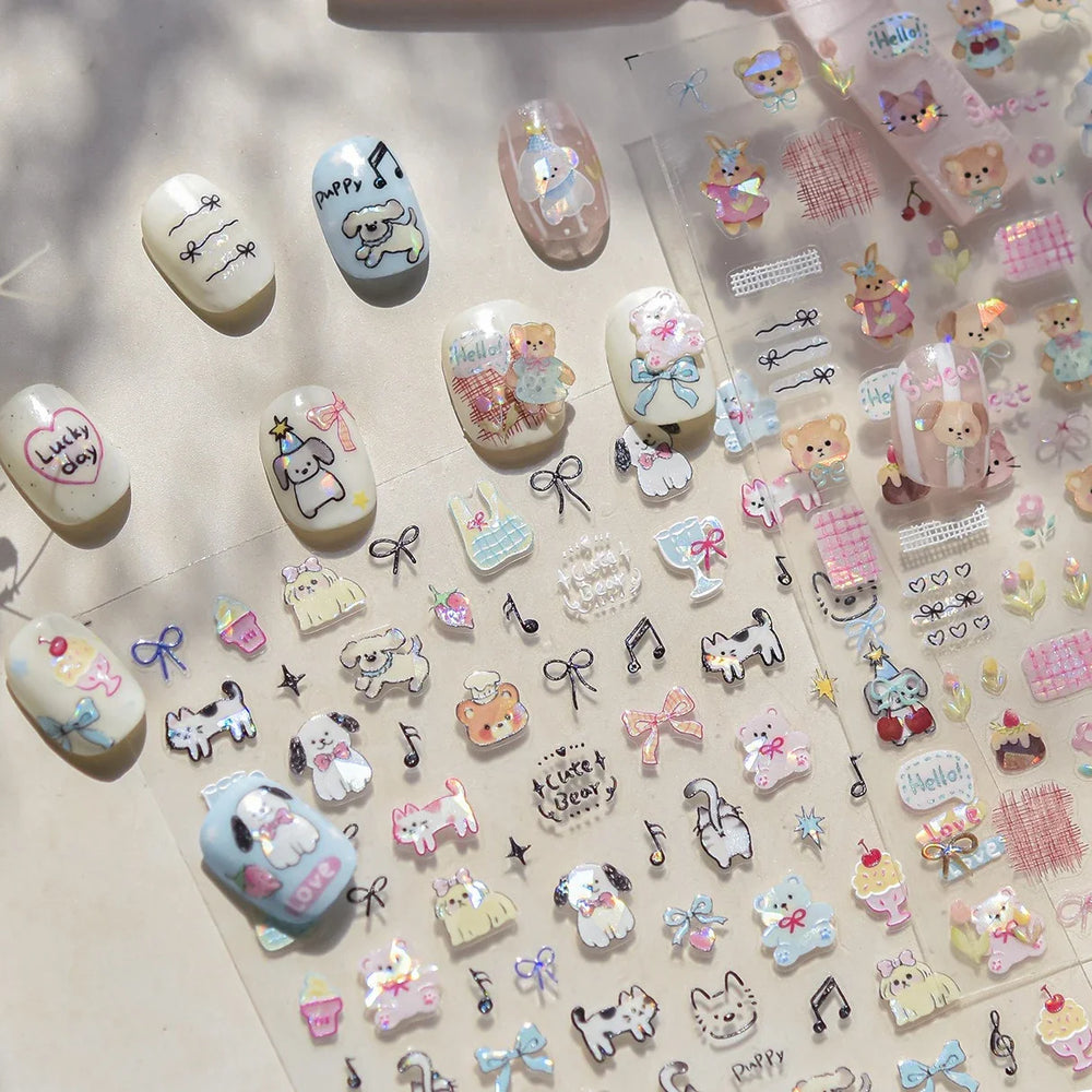 Graffiti Bear Cat Kitten Dog Puppy Bowknot Cake Tulip Note Star Cherry Cup Adhesive Nail Art Decoration Sticker Manicure Decals (ONLINE ORDER ONLY)