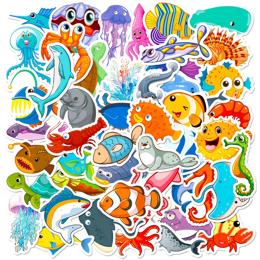 10/50Pcs Cartoon Marine Life Fish And Shrimp Sticker For Kids Toys Luggage Laptop Ipad Skateboard Stickers Wholesale (ONLINE ORDER ONLY)
