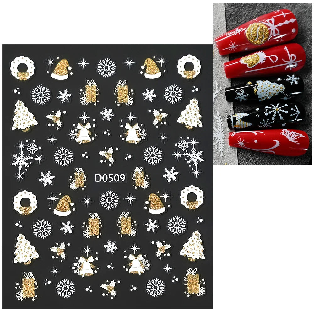 1pc Christmas Nail Sticker 3D Gold Glitter Snowflake Elk Penguin Bells Design Adhesive Nail Slider Decals Winter Manicure Decor* (Online Order Only)