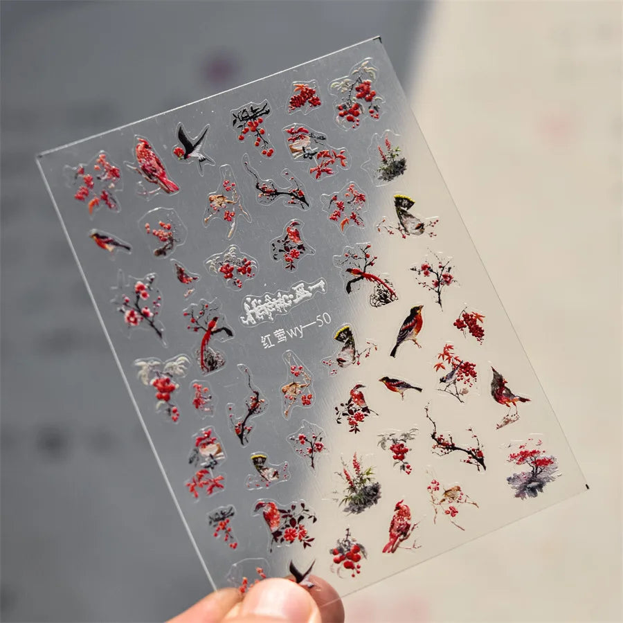 Red Azalea Rose Peony Crane Warbler Bird Fish Lily Chicken Rabbit Lobster Flower Retro Chinese Nail Art Sticker Decoration Decal (Online Order Only)