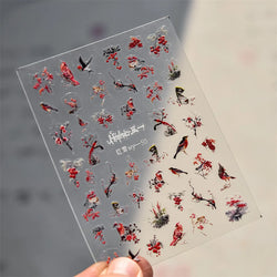 Red Azalea Rose Peony Crane Warbler Bird Fish Lily Chicken Rabbit Lobster Flower Retro Chinese Nail Art Sticker Decoration Decal (Online Order Only)